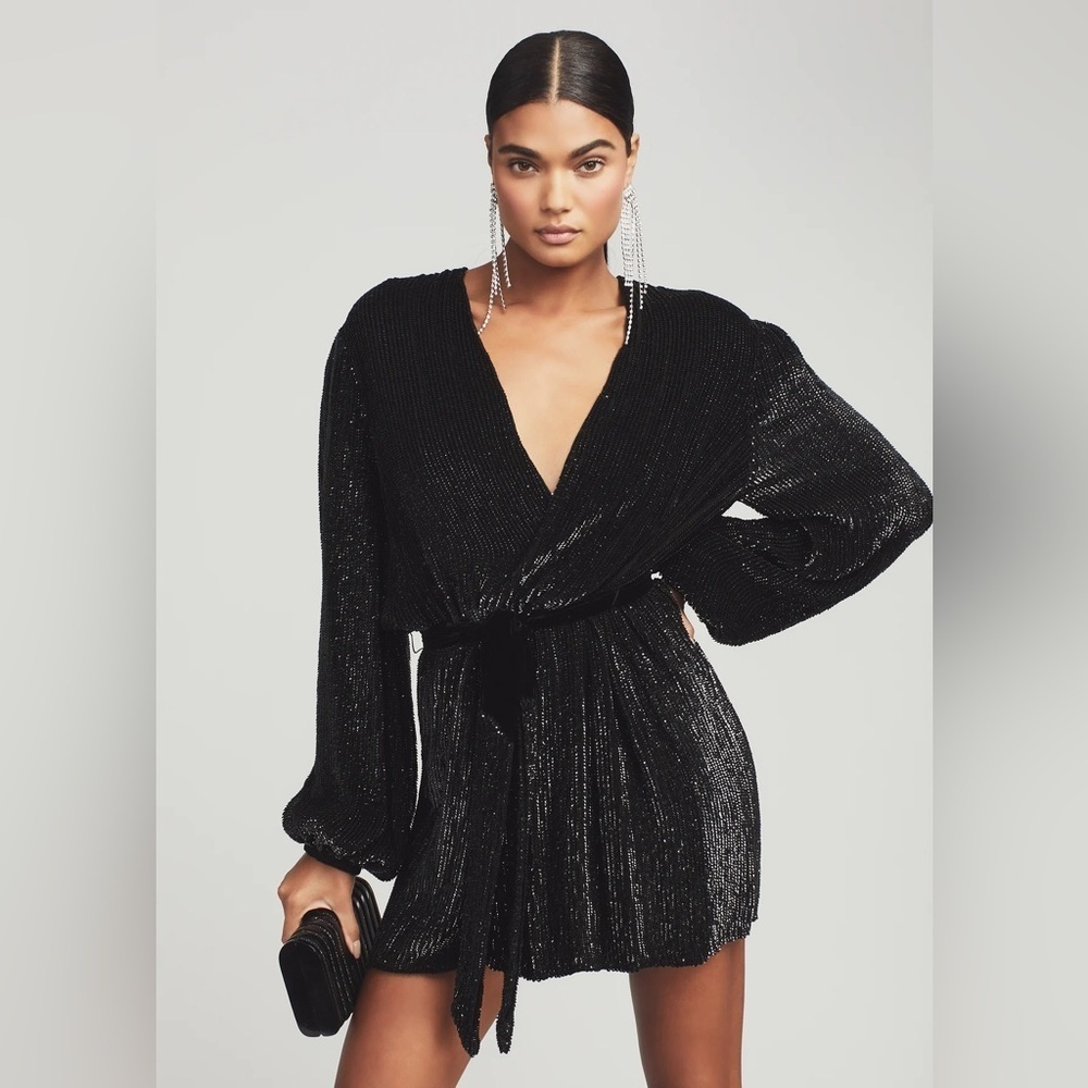 Retrofete Gabrielle Sequin Robe Wrap Mini Dress Black XS Revolve